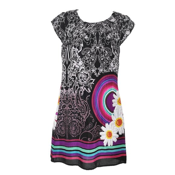 Rainbow Daisy Flower Black Dress Lined Boho Midi Short Sleeve M - Picture 2 of 13